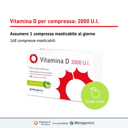 Metagenics Vitamina D 2000 U.I. - Integratore Sistema Immunitario - Per la Salute delle Ossa - 168 Compresse Masticabile