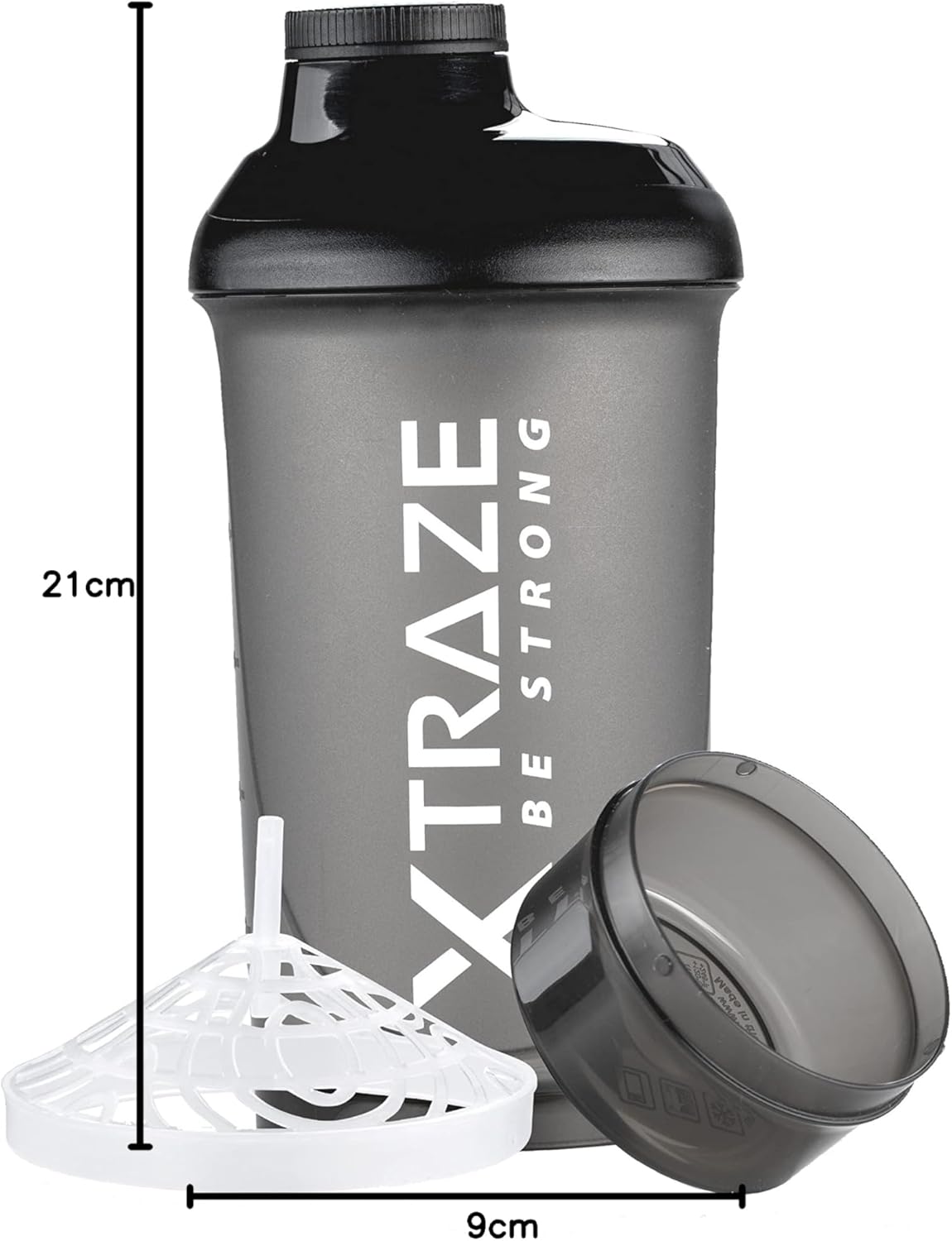 Proteine Shaker 500 ml con Scomparto per la Polvere da 150 ml - Senza BPA - Bottiglia Fitness con Tappo Antiperdita e Gradazione - Filtro per Bevande Proteiche Cremose Senza Grumi - Nero - XTRAZE