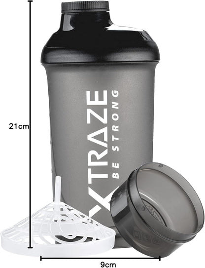 Proteine Shaker 500 ml con Scomparto per la Polvere da 150 ml - Senza BPA - Bottiglia Fitness con Tappo Antiperdita e Gradazione - Filtro per Bevande Proteiche Cremose Senza Grumi - Nero - XTRAZE