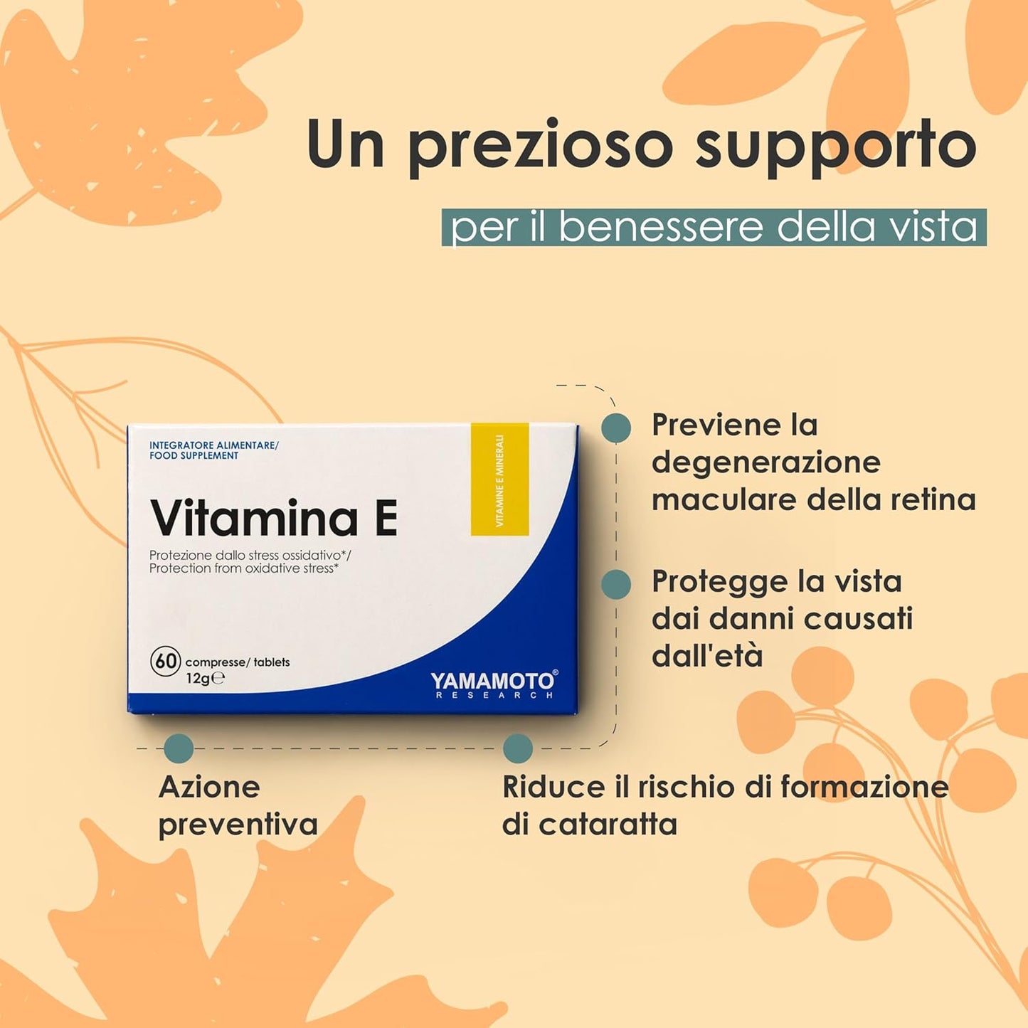 YAMAMOTO RESEARCH Vitamina E 60mg 60 Compresse, Integratore Alimentare di Vitamina E, Azione Antiossidante e Antinfiammatoria, Sostiene il Sistema Immunitario e la Vista