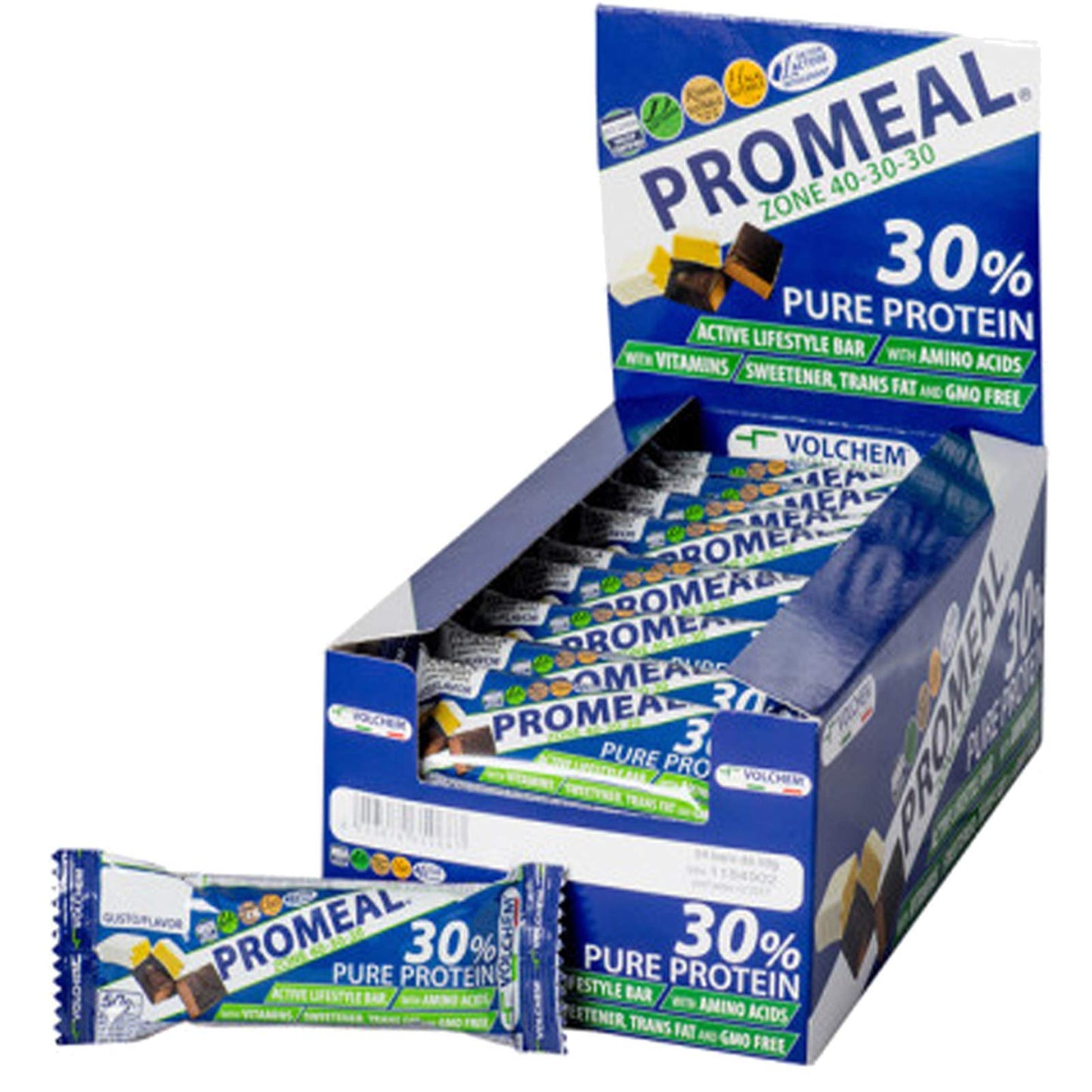 Volchem Promeal Zone 40-30-30, Barretta Proteico-Energetica con Ripartizione di Carboidrati-Proteine-Grassi (40-30-30), Senza Grassi Idrogenati, Scatola da 24 Barrette, Gusto Menta, 1200 g