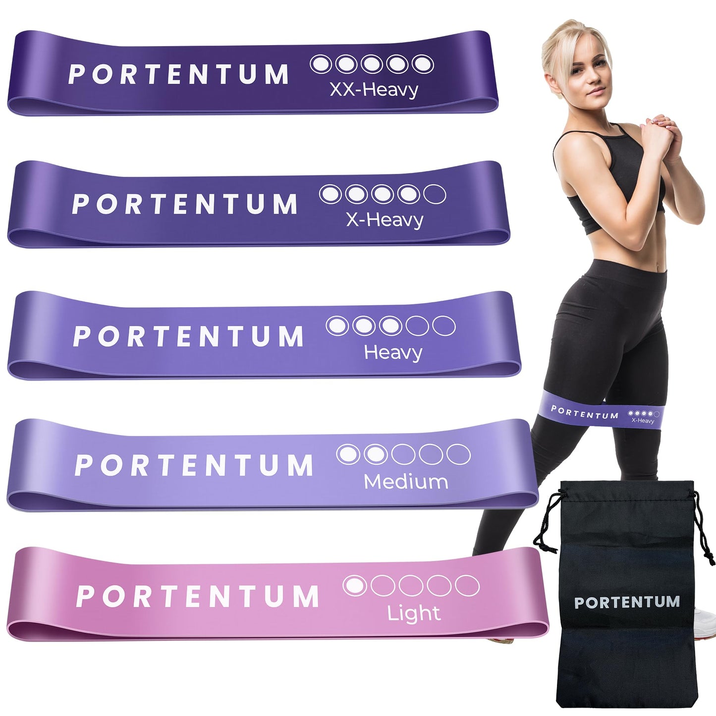 PORTENTUM elastici fitness, set di 5 fasce elastico fitness. Comoda e resistente bande elastiche fitness. Fascia elastica fitness, elastici palestra