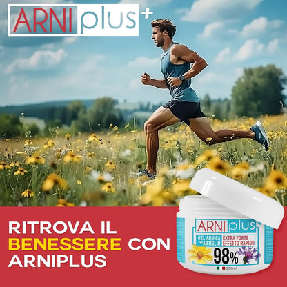 ARNIplus+ Arnica per cavalli uso umano, Gel extra forte 98%, assorbimento rapido, non unge, Arnica montana + Artiglio del diavolo, 500ML, made in italy