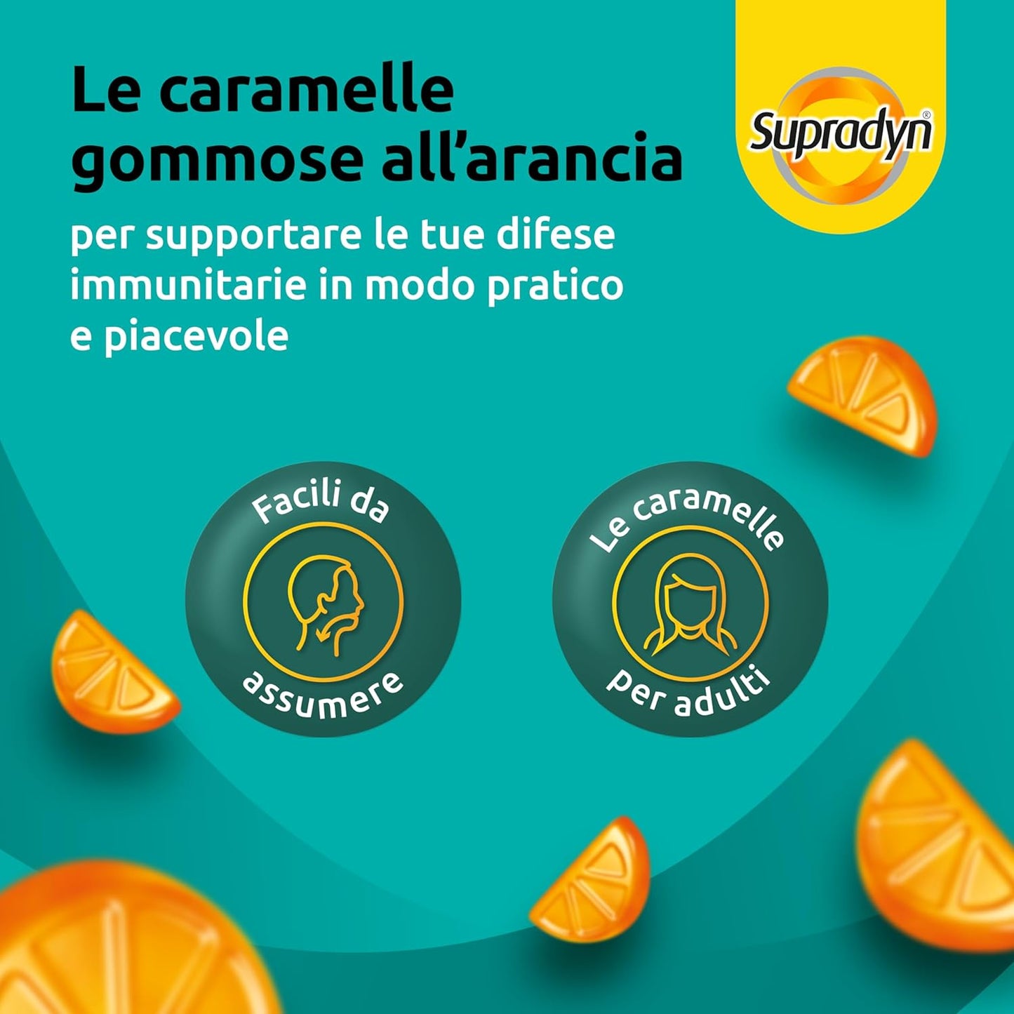 Supradyn Difese Gummy Multivitaminico Caramelle, Integratore Multivitaminico Difese Immunitarie Adulti con 7 Vitamine e Zinco, Vitamina D, Vitamina C, 120 Vitamine Gommose Gusto Arancia