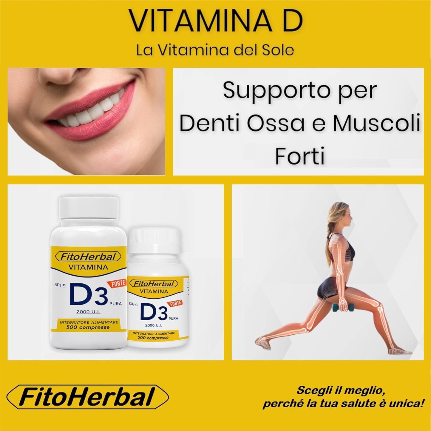 Vitamina D 60000 UI/mese ALTO DOSAGGIO 500 Compresse | Integratore Vitamina d3 2000 UI Supporto per Ossa Denti Muscoli, Integratori Sistema Immunitario Formato Famiglia, Made in Italy