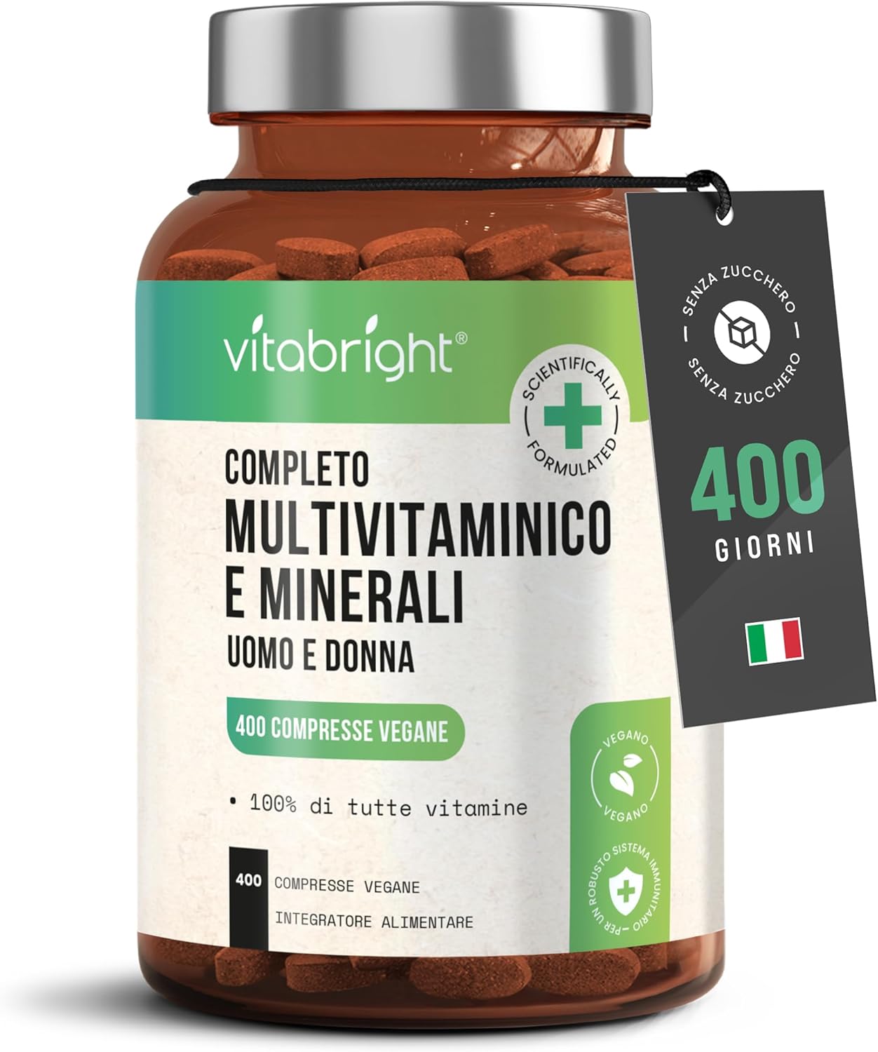 Multivitaminico Completo Uomo/Donna 100% Tutte Vitamine, 400 Giorni, Integratori Stanchezza/Integratore Multivitaminico Donna 50 Piu/Uomo/Bambini, Ogni Vitamina - Multivitaminico e Minerali VitaBright