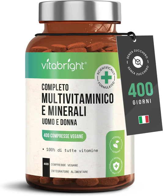 Multivitaminico Completo Uomo/Donna 100% Tutte Vitamine, 400 Giorni, Integratori Stanchezza/Integratore Multivitaminico Donna 50 Piu/Uomo/Bambini, Ogni Vitamina - Multivitaminico e Minerali VitaBright