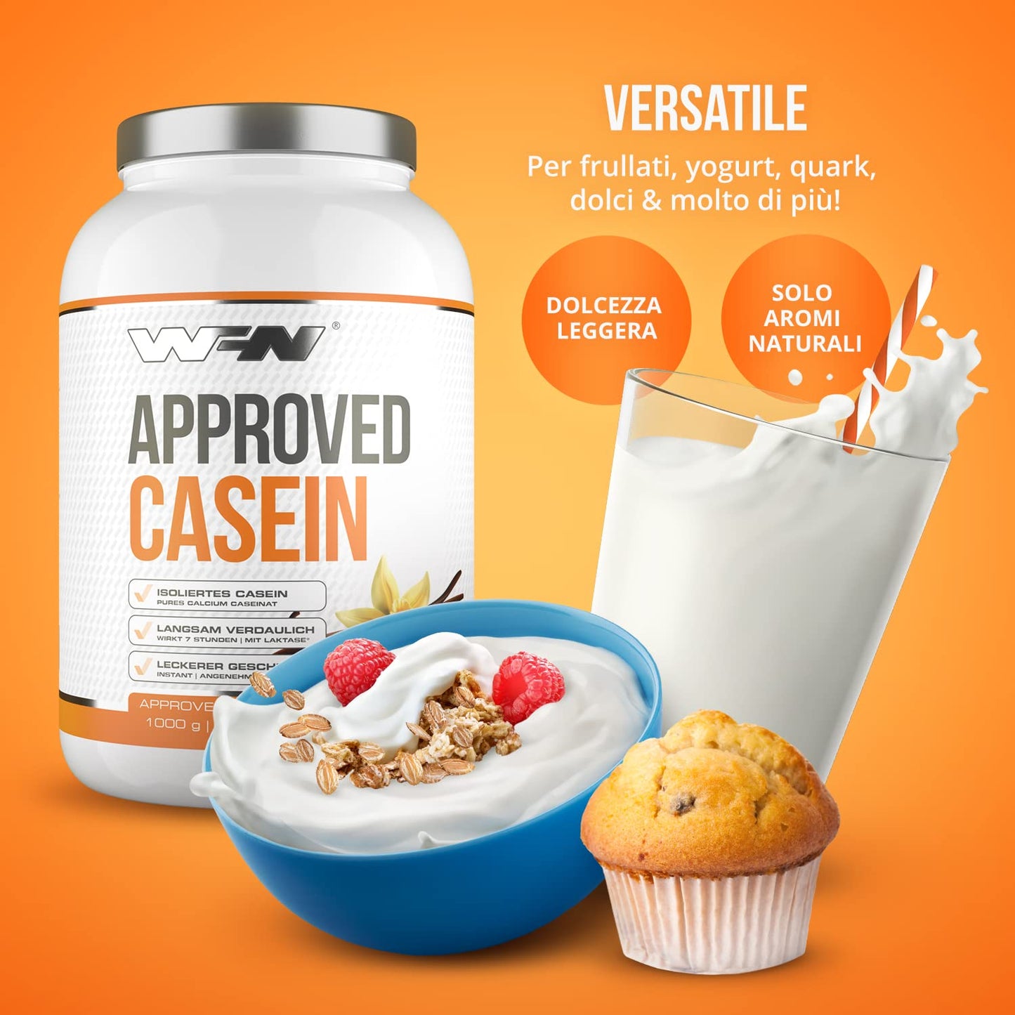 WFN Approved Casein - Neutro - 1 kg - Proteine della caseina con lattasi - Proteina in polvere cremosa - Molto solubile - Prodotto in Germania - Testato in laboratorio esterno