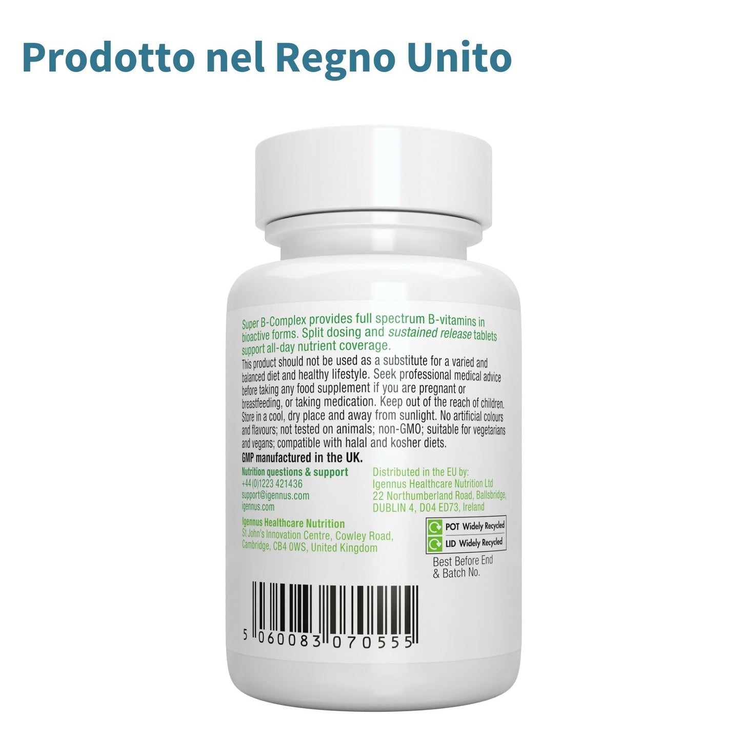 Super B - Vitamina B Complex ad Alto Assorbimento e Rilascio Prolungato,B1,B2,B3,B5 B6,B12, Biotina, Folato e Vitamina C - 60 Compresse Vegane – Igennus