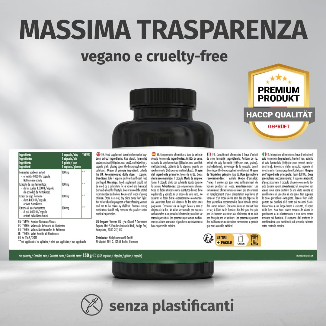 Nattokinase | 365 capsule | ad alto dosaggio | vegano | non OGM | 40.000 UFC/g | 100 mg per capsula | 1 anno di fornitura | Green Naturals®