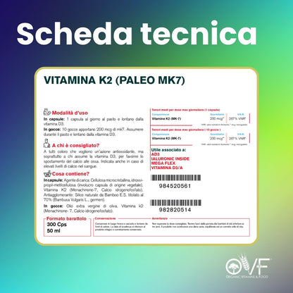 Parafarmacia OVF, Vitamina K2 mk7 200 mcg, 300 capsule (10 mesi di fornitura), Vitamina K2 pura, Ottima per ossa e Vasi sanguigni