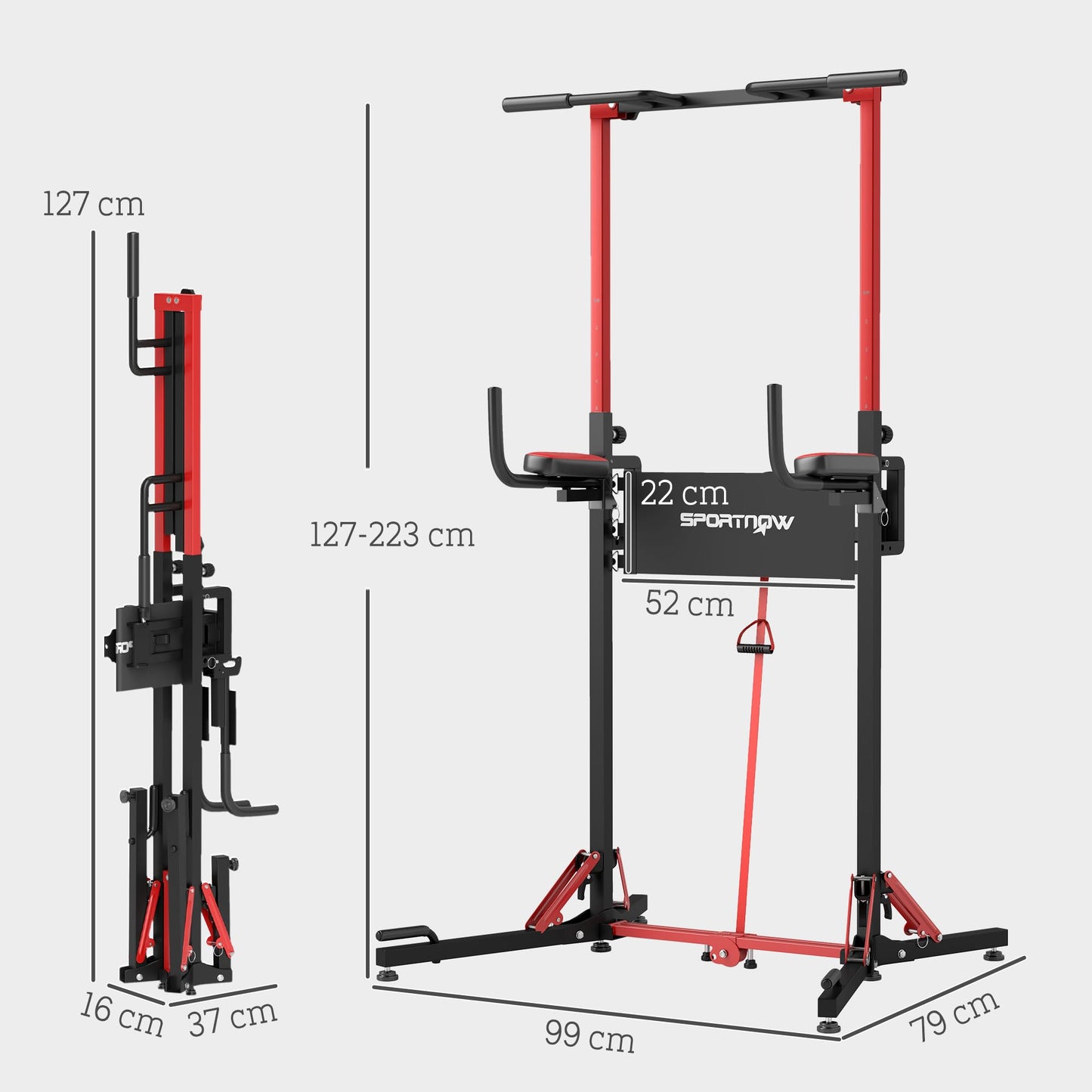 SPORTNOW power tower regolabile in altezza da 127 a 223 cm, power tower multifunzionale, torre per pull-up pieghevole, barra per pull-up, stazione di forza max. 120 kg, per l'allenamento domestico