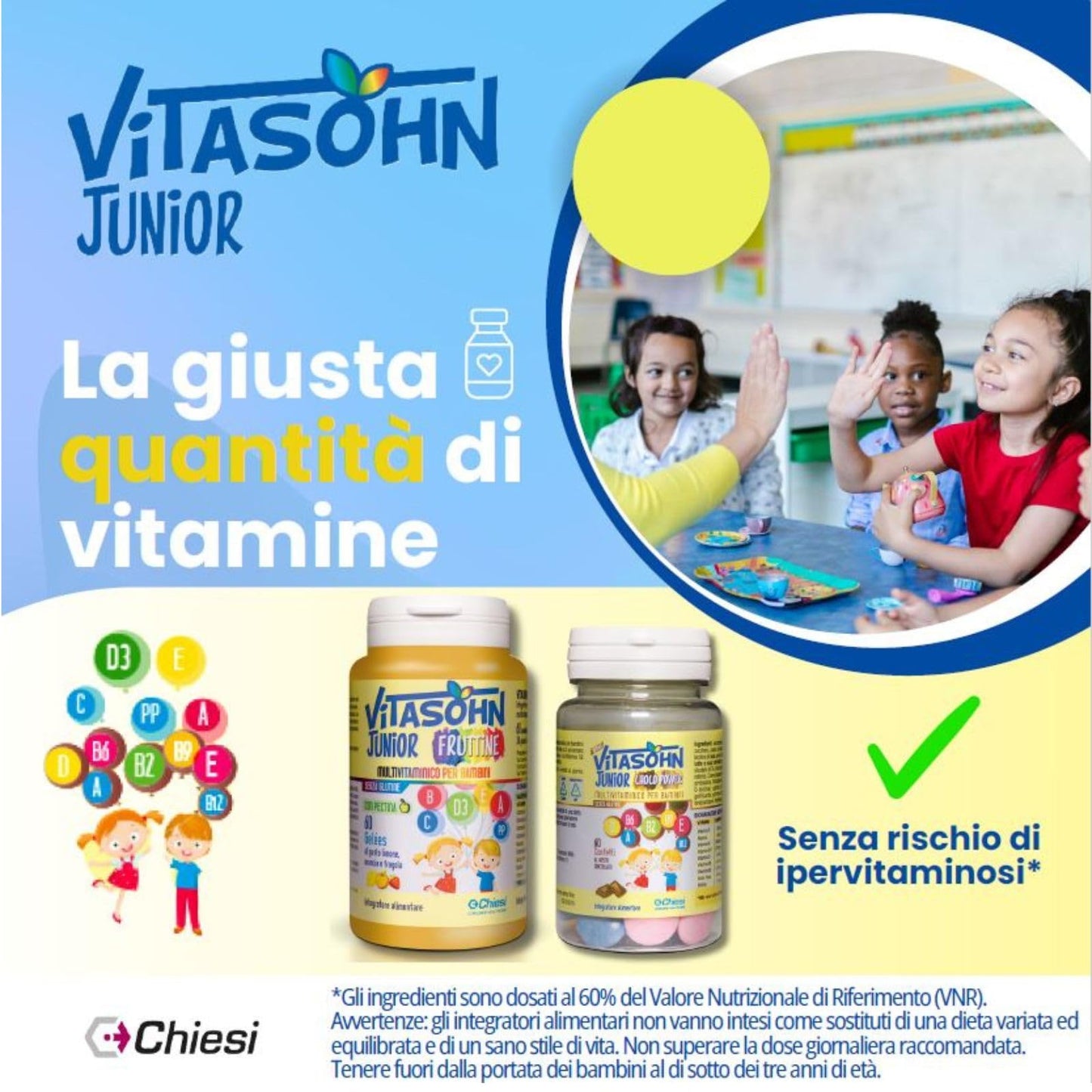 Chiesi, Vitasohn Junior Choco Power - 60 Confetti - Integratore Alimentare Multivitaminico per Bambini, Senza Glutine, al Gusto Cioccolato