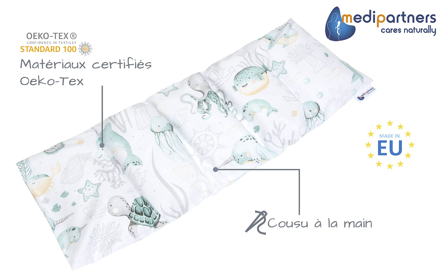 Medi Partners Cuscino Termico noccioli ciliegio 60x20cm 800g 100% Cotone 5 Camere Grande Terapia del freddo Federa sfoderabile (Stelle)