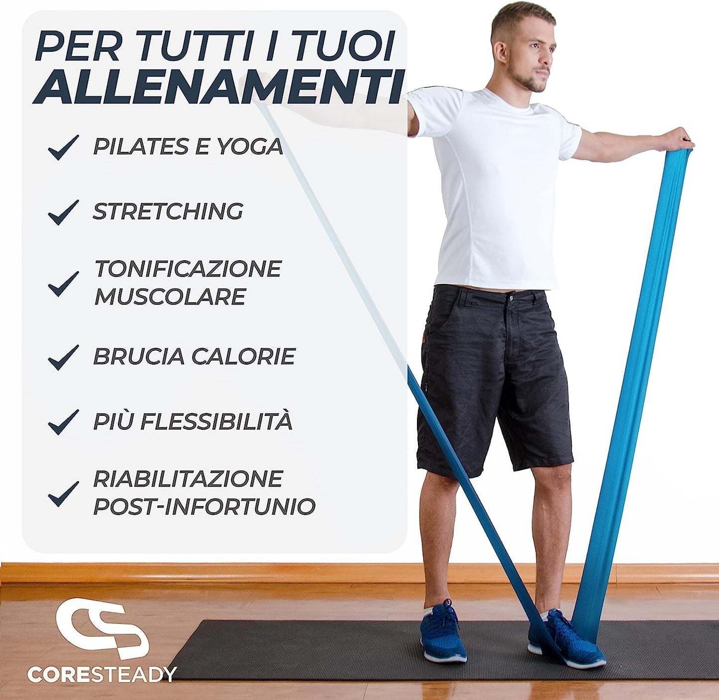 Coresteady Elastici Fitness - Elastico Fitness Pilates - Fasce Elastiche Fitness Fisioterapia e Yoga - Elastici Palestra per Forza - Set Elastici Fitness con Guida Gratuita