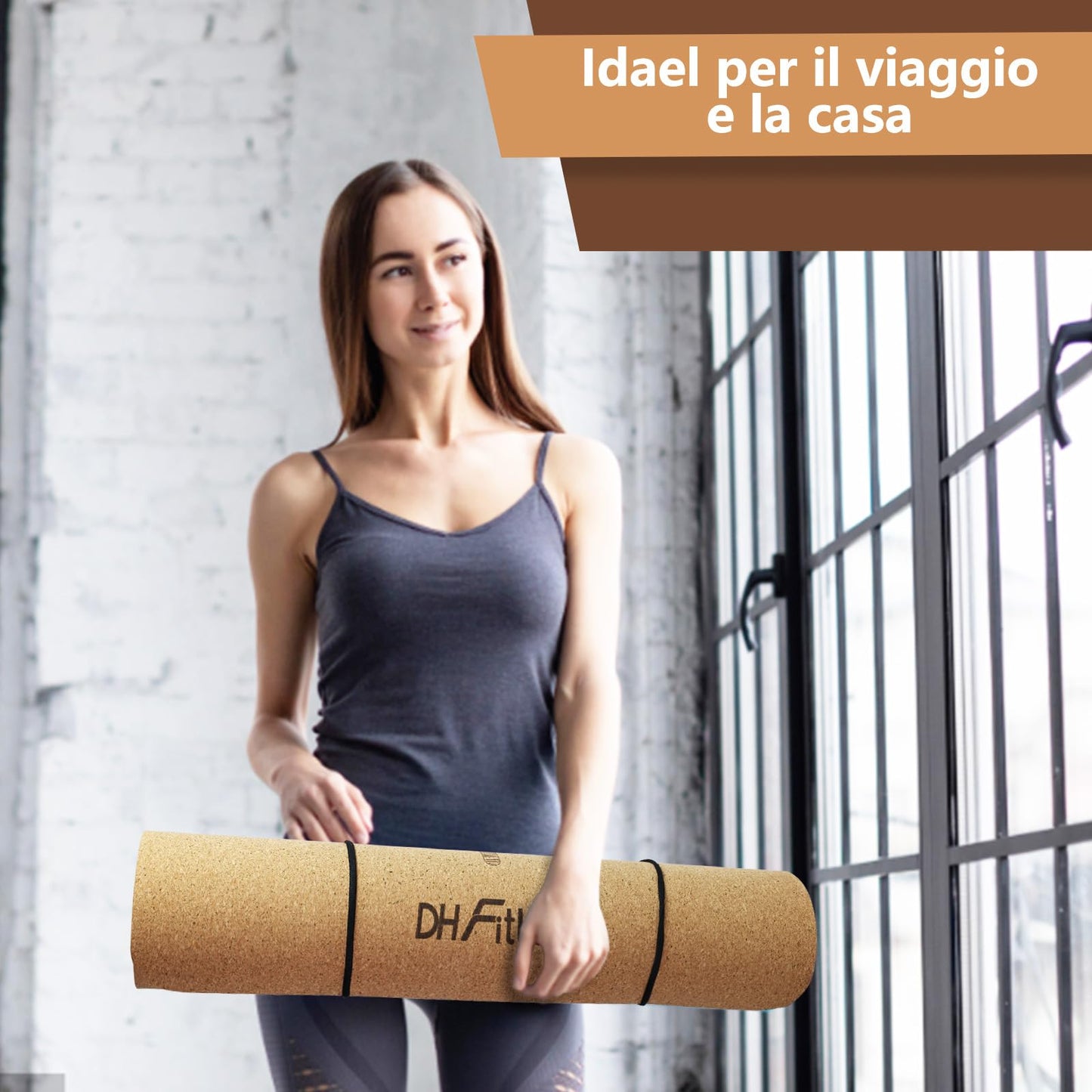 DH FitLife Tappetino da yoga in sughero e TPE, tappetino da ginnastica, 183 x 61 x 0,6 cm, tappetino da yoga antiscivolo, tappetino da yoga, spessore con linee di orientamento