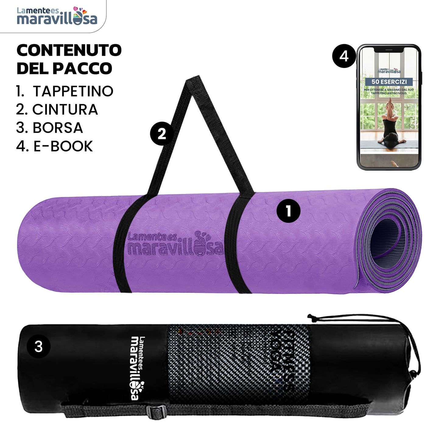 LA MENTE ES MARAVILLOSA - Tappetino per Yoga, Pilates, Fitness o Altri Sport, Tappetino Antiscivolo in TPE con Borsa a Tracolla, Tappetino da Allenamento 183 x 61 cm