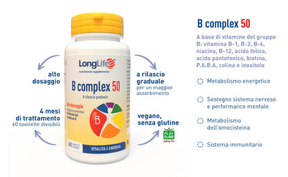 LongLife® B complex 50 | 11 vitamine del gruppo B | Formula completa alto dosaggio | Energia e difese immunitarie | Combatte stanchezza e stress | Senza glutine e vegano