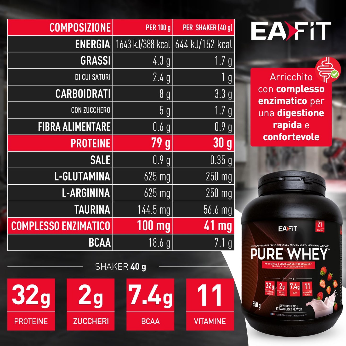 Proteine Whey Pure Whey EAFIT, 850g, Proteine in Polvere del Siero del Latte, Gusto Intense Vaniglia, Aminoacidi ed Enzimi Digestivi, Proteine Massa Muscolare, Assimilazione Rapida, Whey Protein