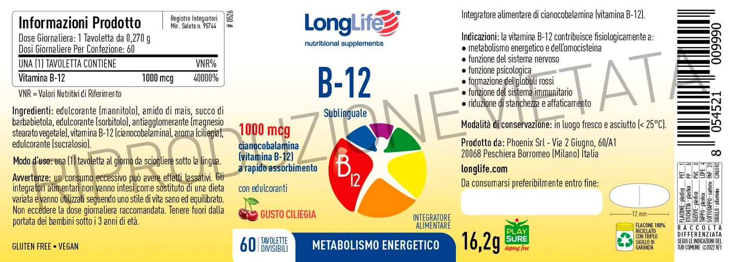 LongLife® B12 1000 mcg | Vitamina B12 | Formula esclusiva sublinguale ad alto dosaggio | Elevato assorbimento | 2 mesi di trattamento | 60 tavolette | Senza glutine