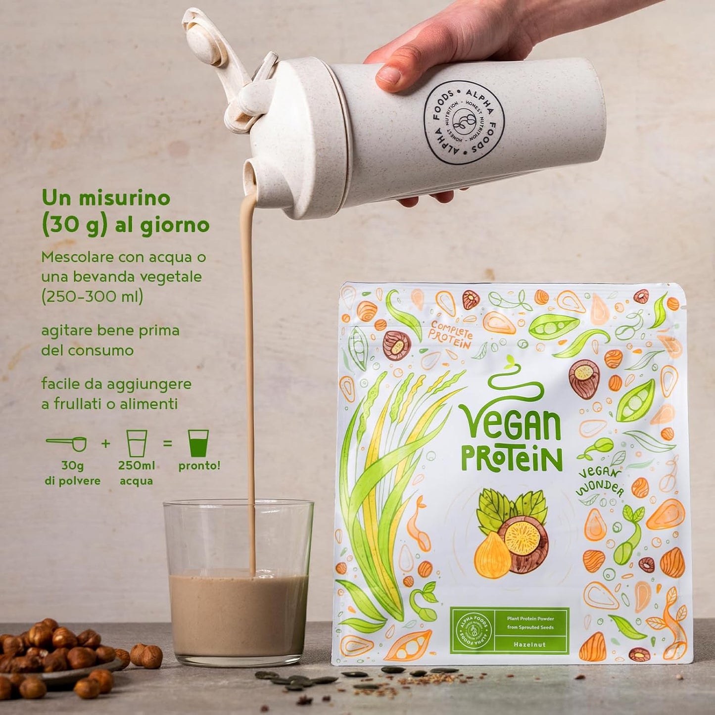 Proteine in Polvere Vegane | Gusto Nocciola | 19g Proteine | Proteine Vegetali Isolate in Polvere di Pisello, Riso e Girasole | Massa Muscolare | 600g Vegan Protein Powder | Alpha Foods