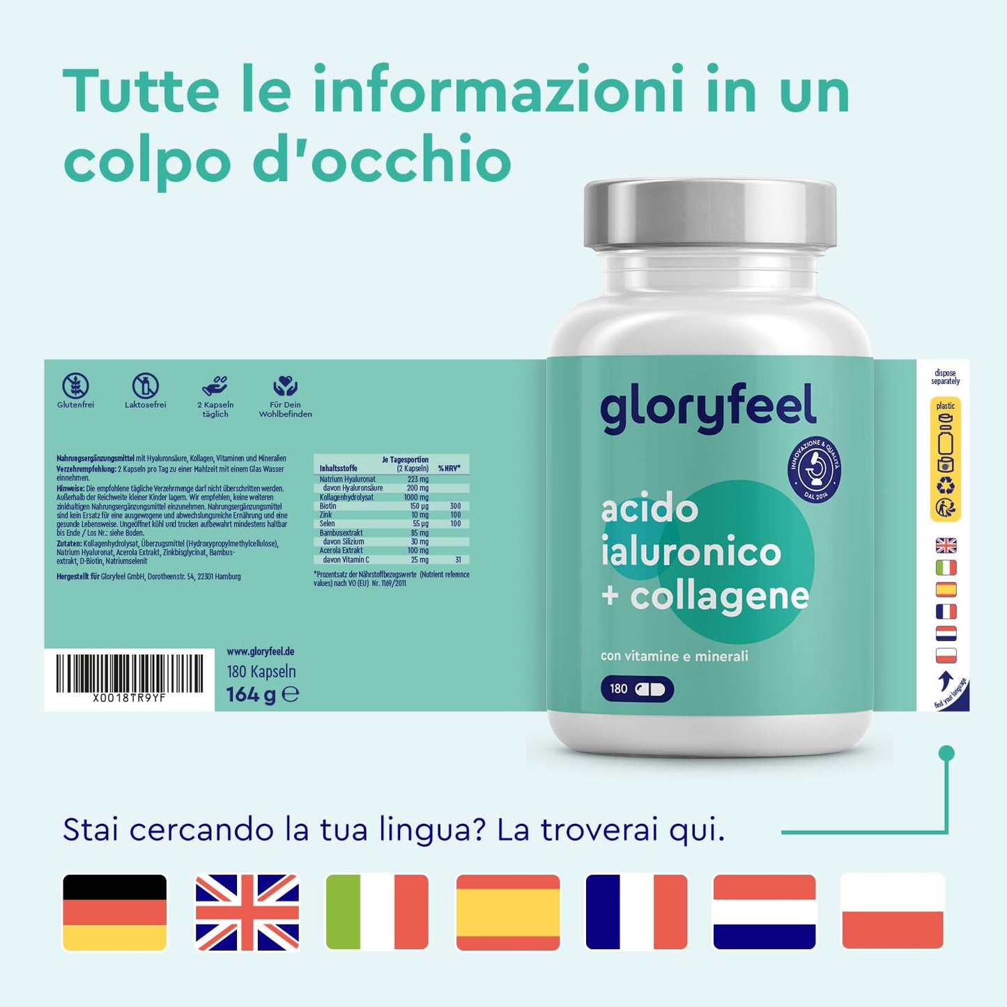 Collagene e Acido Ialuronico Integratore 180 Capsule, + Vitamina C, Biotina, Zinco e Selenio, 1000mg Collagene Idrolizzato + 200mg Acido Ialuronico con Bambù & Silicio