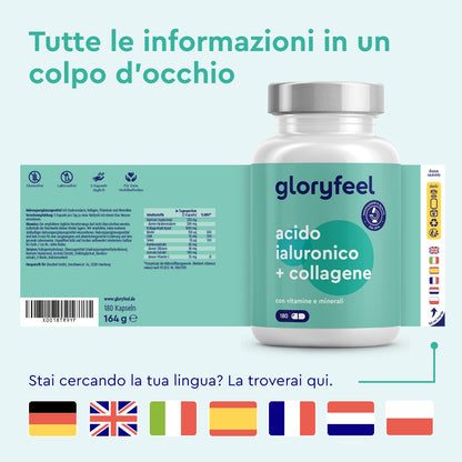 Collagene e Acido Ialuronico Integratore 180 Capsule, + Vitamina C, Biotina, Zinco e Selenio, 1000mg Collagene Idrolizzato + 200mg Acido Ialuronico con Bambù & Silicio