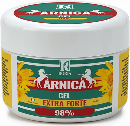 Roris Arnica per cavalli uso umano, gel extra forte 98%, 500ml made in italy, estratto di arnica,azione calmante e rilassante, assorbimento rapido, non unge