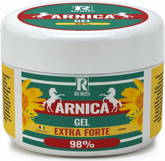 Roris Arnica per cavalli uso umano, gel extra forte 98%, 500ml made in italy, estratto di arnica,azione calmante e rilassante, assorbimento rapido, non unge