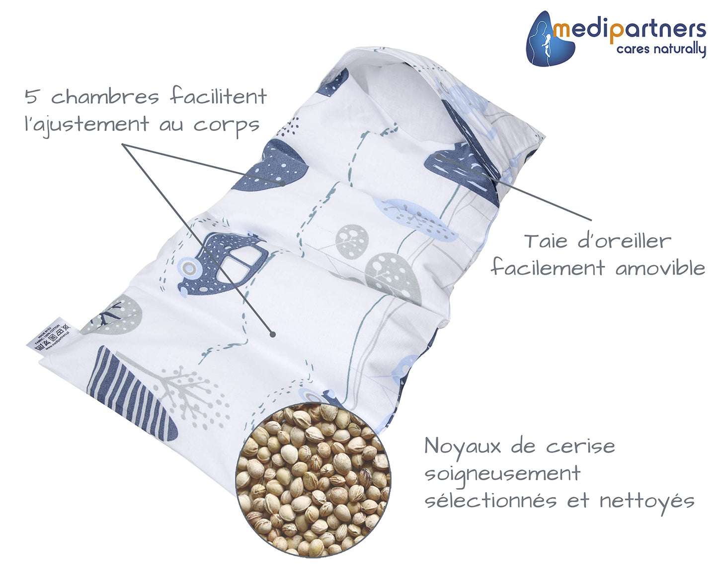 Medi Partners Cuscino Termico noccioli ciliegio 60x20cm 800g 100% Cotone 5 Camere Grande Terapia del freddo Federa sfoderabile (Stelle)