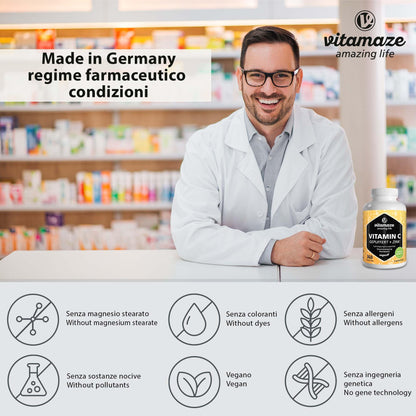 Vitamina C 1000mg (1 Anno) + Zinco + Bioflavonoidi, 360 Compresse, 1 Compresse per Giorno, Vegan Vitamina C Pura Dose Forte, Qualità Tedesca, Integratore Alimentare senza Additivi. Vitamaze®