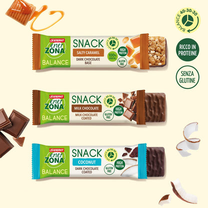 Enervit, Enerzona Protein Snack 40-30-30 Variety Pack 10pz Caramello + 10pz Crunchy Choco+ 10pz Cookies, Barrette Proteiche per Dieta a Zona con Proteine del Latte e Fibre, Senza Olio di Palma