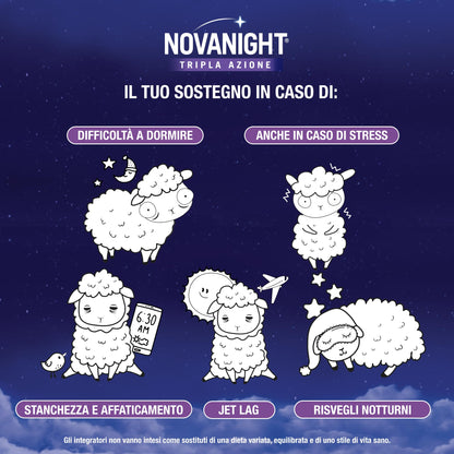 Novanight Tripla Azione Melatonina per Dormire, Integratori per Dormire, Disturbi del Sonno - Senza Glutine, con Melatonina, Escolzia, Passiflora, Melissa. Non Induce Dipendenza (70 Compresse)