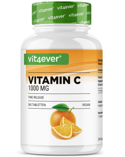 Vitamina C 1000mg - 365 compresse in un anno di fornitura - Effetto Rilasciato nel Tempo - Vitamina C + Estratto di Rosa Canina + Bioflavonoidi di Agrumi - Vegan - Altamente Dosato