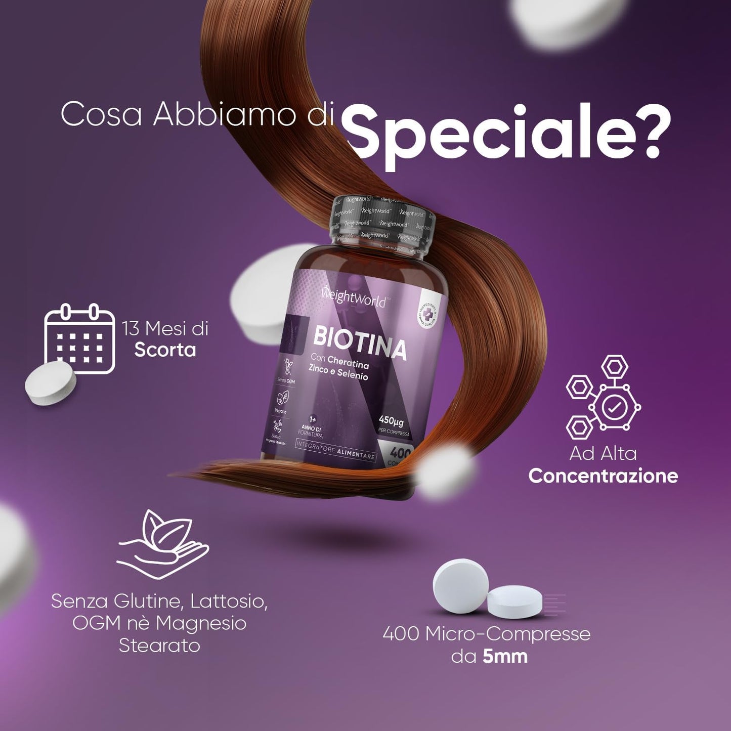 Biotina Capelli + Cheratina + Selenio + Zinco 400 Micro-Compresse (13+ Mesi) Vitamina B7 per Pelle, Unghie, Capelli, Biotina Integratore Alto Dosaggio + Zinco Selenio Cheratina Senza Magnesio Stearato