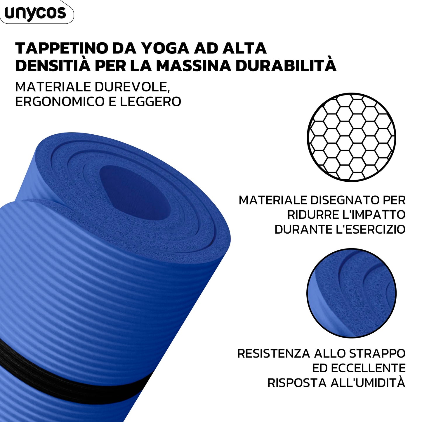 unycos - Tappetino Antiscivolo da Yoga, Pilates e Ginnastica Extra Spesso 10/15 mm, 183x60 cm, Materassino Fitness con Schiuma NBR Confortevole, Tracolla, Borsa ed E-Book di 50 Esercizi