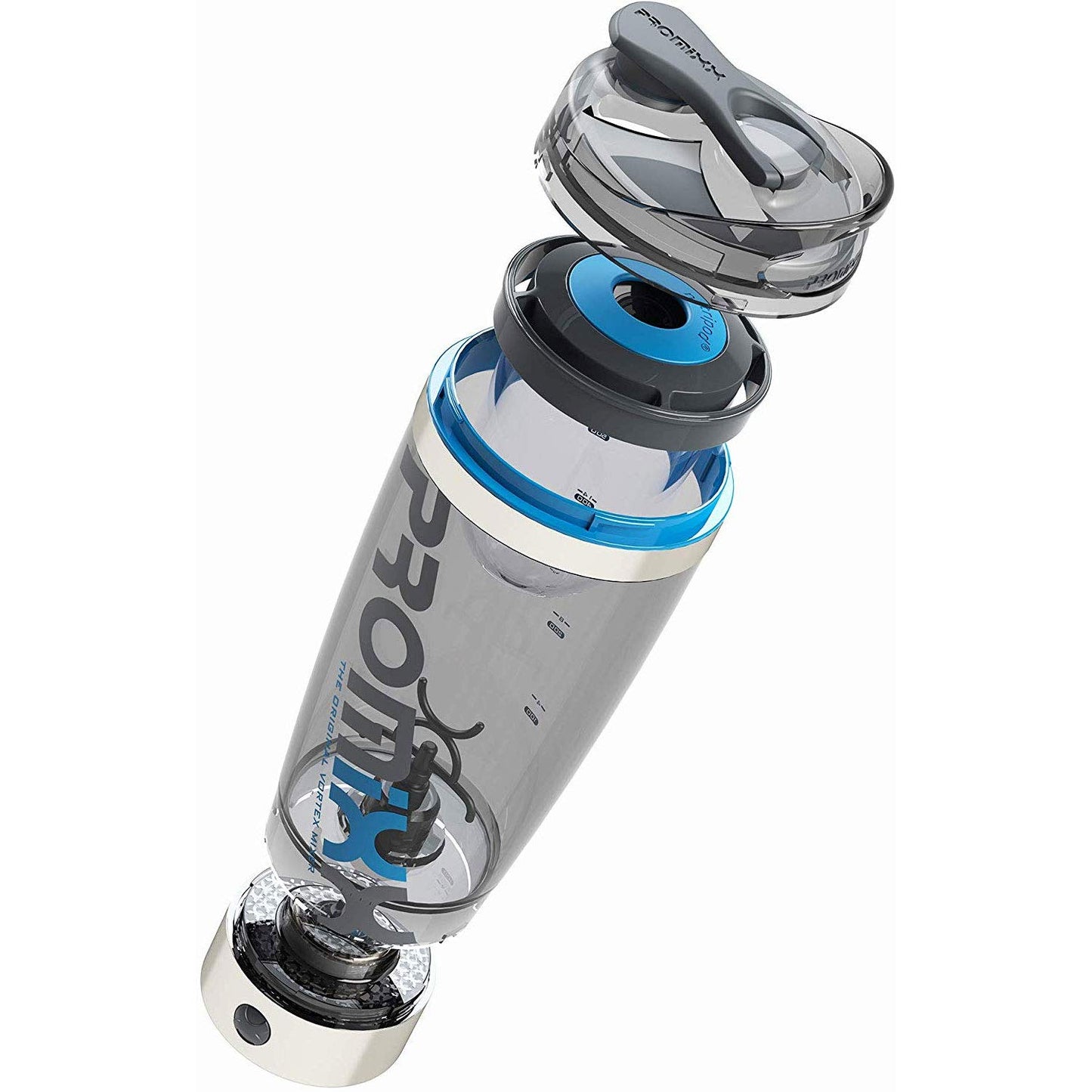 Promixx Pro Shaker Bottle - Ricaricabile, Potente per Frullati Proteici Lisci - Includere Deposito di Proteine - senza BPA - Tazza da 600 ml (Grafite/Arancia)