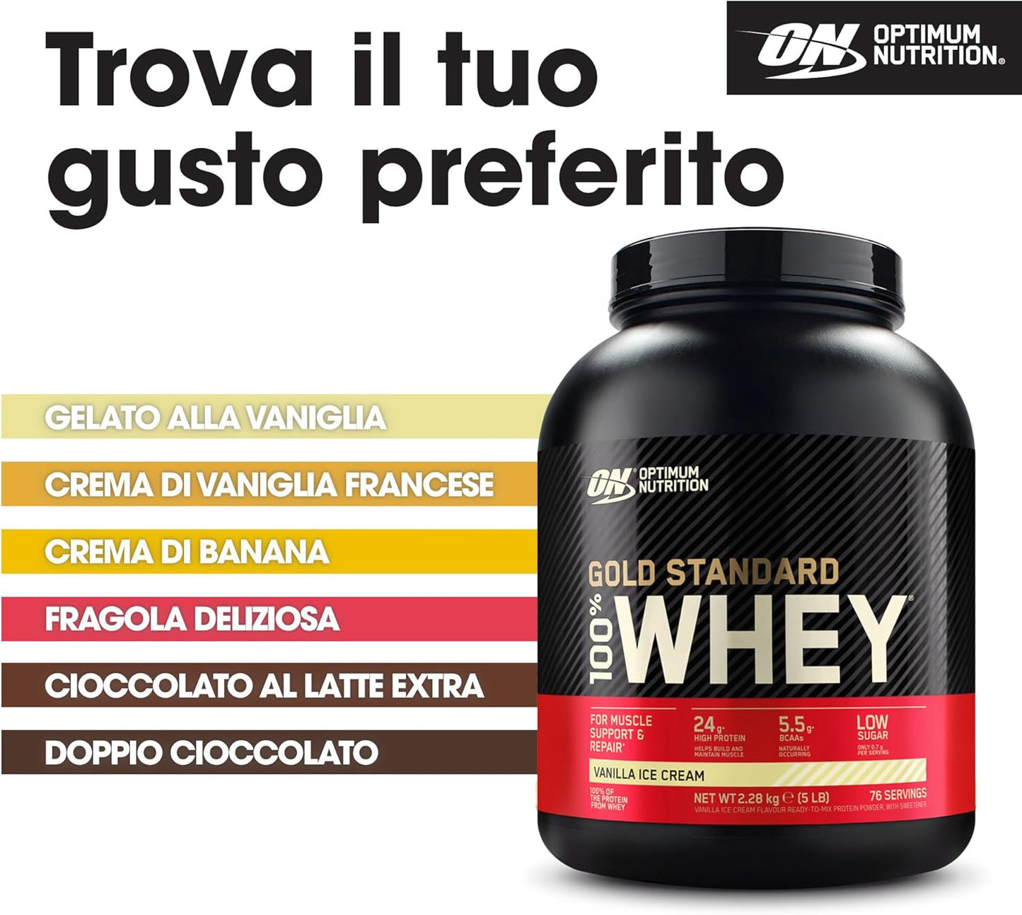 Optimum Nutrition Gold Standard 100% Whey Proteine in polvere per lo Sviluppo e il Recupero Muscolare con Glutammina e Aminoacidi BCAA Naturali, Gusto Gelato alla Vaniglia, 76 Dosi, 2,28 kg