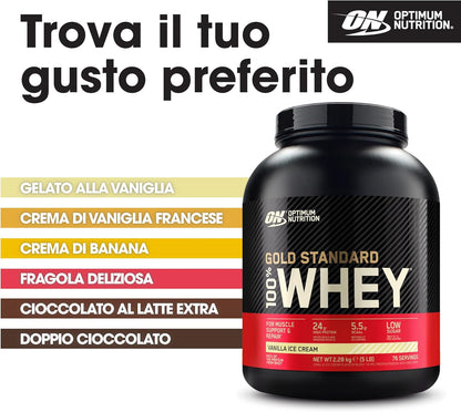 Optimum Nutrition Gold Standard 100% Whey Proteine in polvere per lo Sviluppo e il Recupero Muscolare con Glutammina e Aminoacidi BCAA Naturali, Gusto Gelato alla Vaniglia, 76 Dosi, 2,28 kg