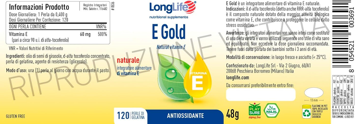 LongLife® E Gold 90u.i. | Vitamina E in forma di d-alfa-tocoferolo | Elevata attività biologica | Azione antiossidante | 3 mesi di trattamento | Senza glutine