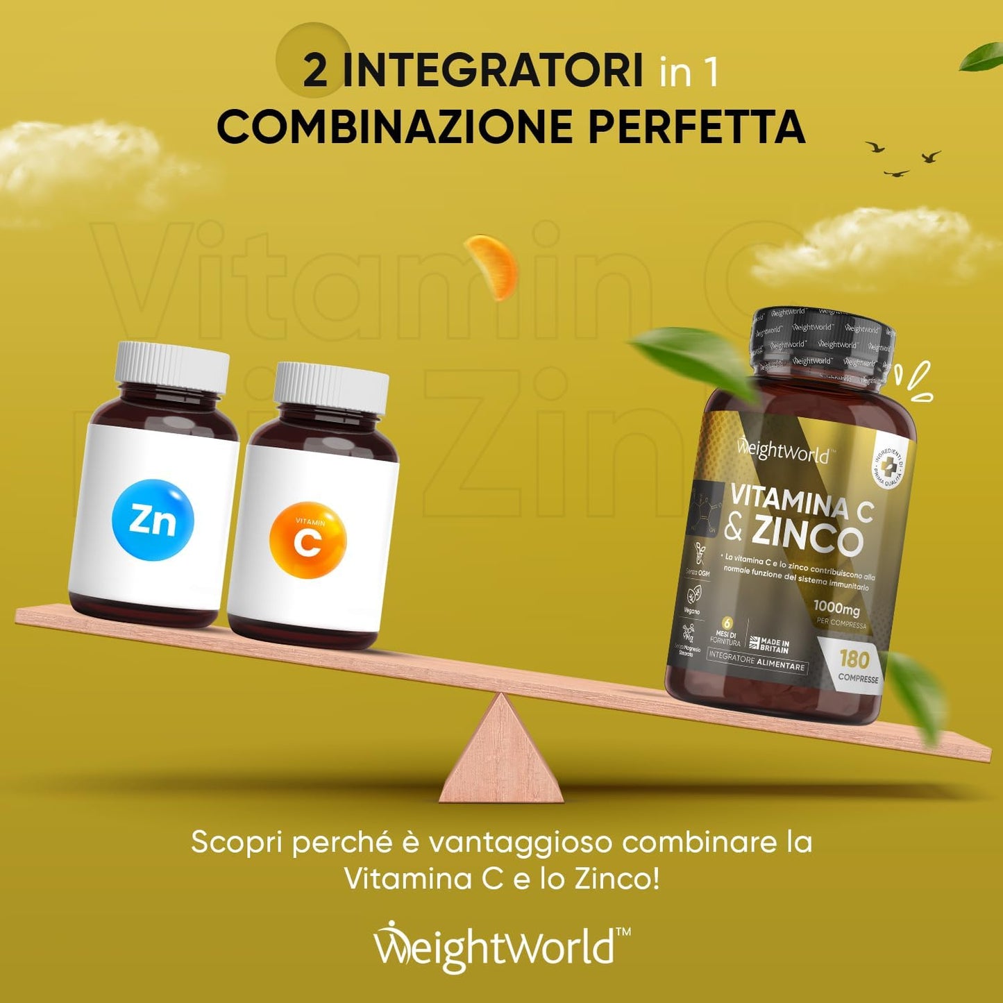 Vitamina C 1000mg e Zinco, 1 Compressa al Giorno, Sistema Immunitario, Pelle, Ossa, Unghie, Capelli, Vitamina C e Zinco Bisglicinato, Acido Ascorbico Vitamina C, Zinco Integratore con Vitamina C Pura