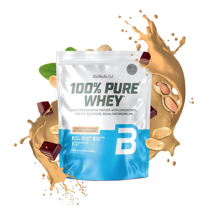 BioTechUSA 100% Pure Whey Complesso proteico del siero di latte con bromelina, aminoacidi, senza zuccheri aggiunti, senza olio di palma e con edulcorante, 1 kg, Cioccolato