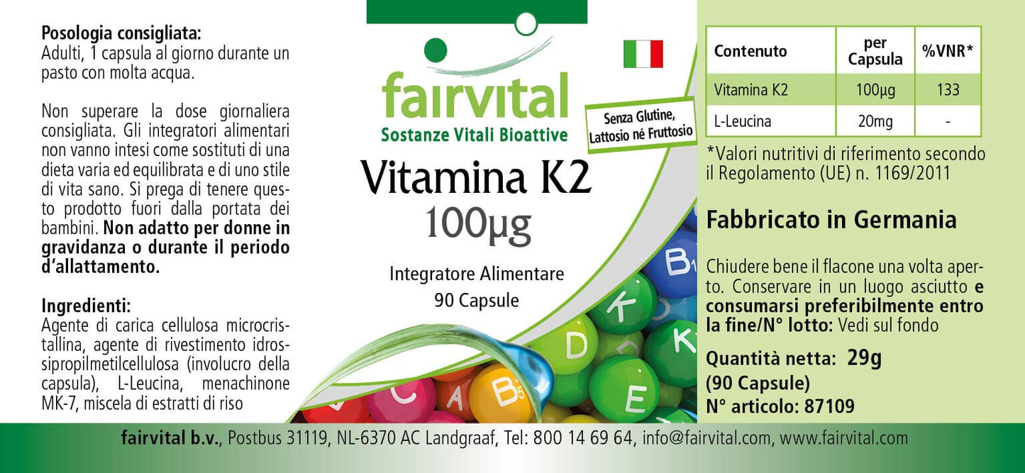 Fairvital | Vitamina K2 100mcg, menachinone naturale, MK-7, vegan, 90 capsule