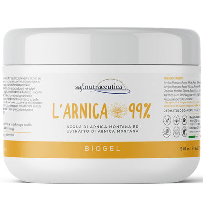 Saf.Nutraceutica - L'Arnica 99% per Cavalli Uso Umano Extra Forte, Biogel a Rapida Azione, 99% Naturale, Super Concentrata Made in italy con Arnica Montana, Dermatologicamente Testato, 500 ml