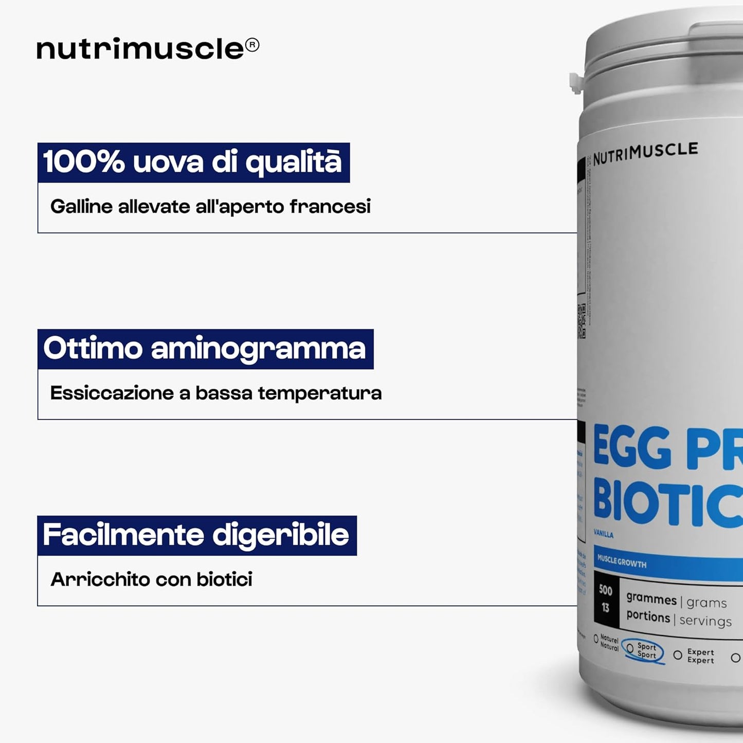 Nutrimuscle 100% proteine di uova pure | Pollo ruspante Francia - Shaker in polvere - 86% di proteine - Bodybuilding e fitness | Gusto Cioccolato Naturale (500 g (confezione da 1))