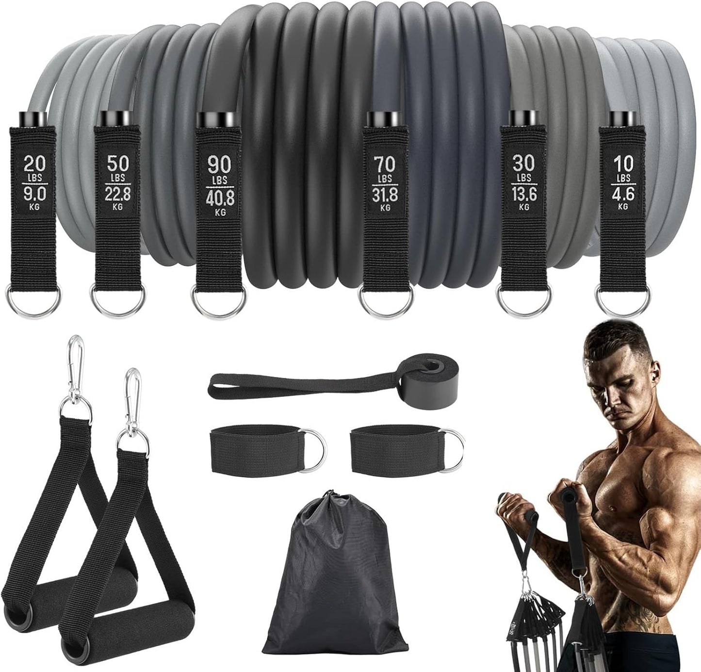 Fitense 6 Set Elastici Fitness Uomo - Elastico Fitness Bande 270 Lbs, Elastici Palestra con Maniglie, Ancoraggio Porta, Cinghie Caviglia, Borsa e Poster, Perfette per Allenamento a Casa o in Palestra