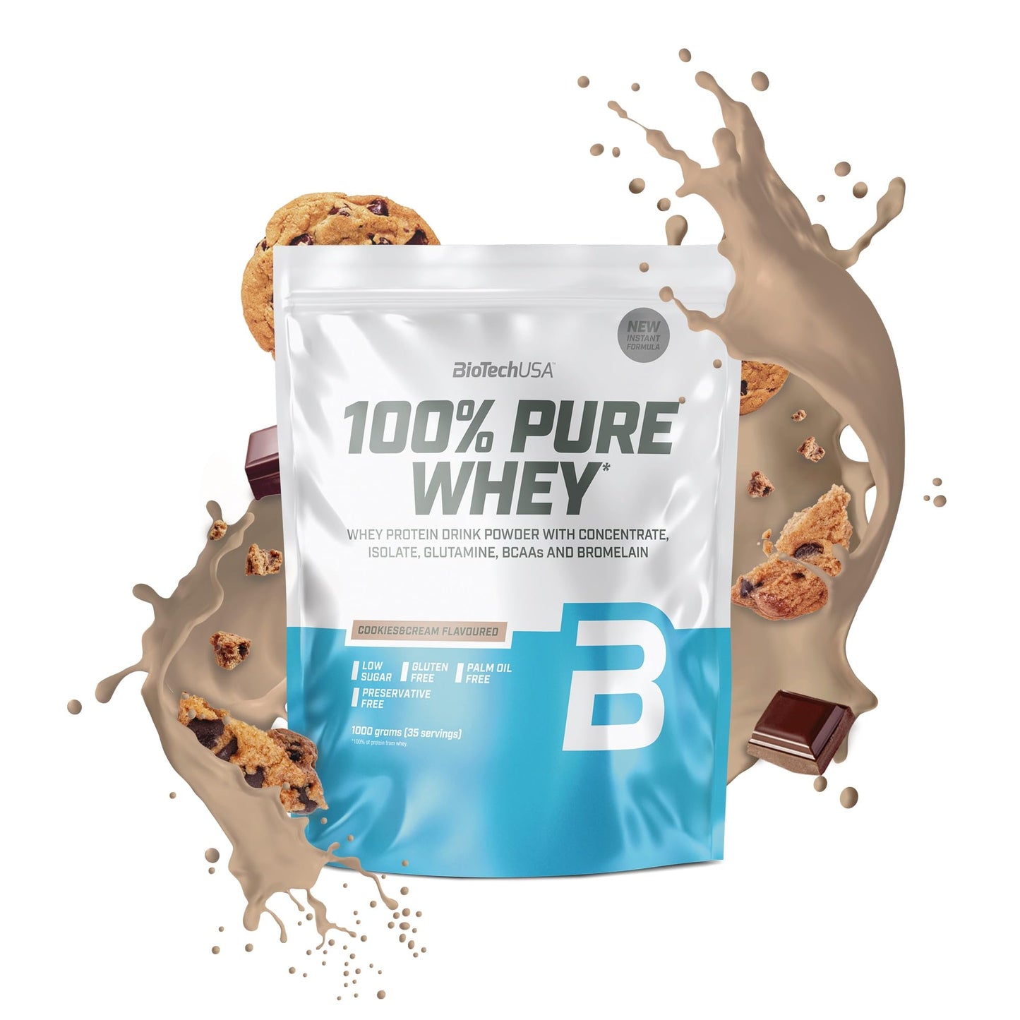 BioTechUSA 100% Pure Whey Complesso proteico del siero di latte con bromelina, aminoacidi, senza zuccheri aggiunti, senza olio di palma e con edulcorante, 1 kg, Cioccolato