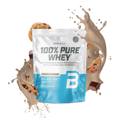 BioTechUSA 100% Pure Whey Complesso proteico del siero di latte con bromelina, aminoacidi, senza zuccheri aggiunti, senza olio di palma e con edulcorante, 1 kg, Cioccolato