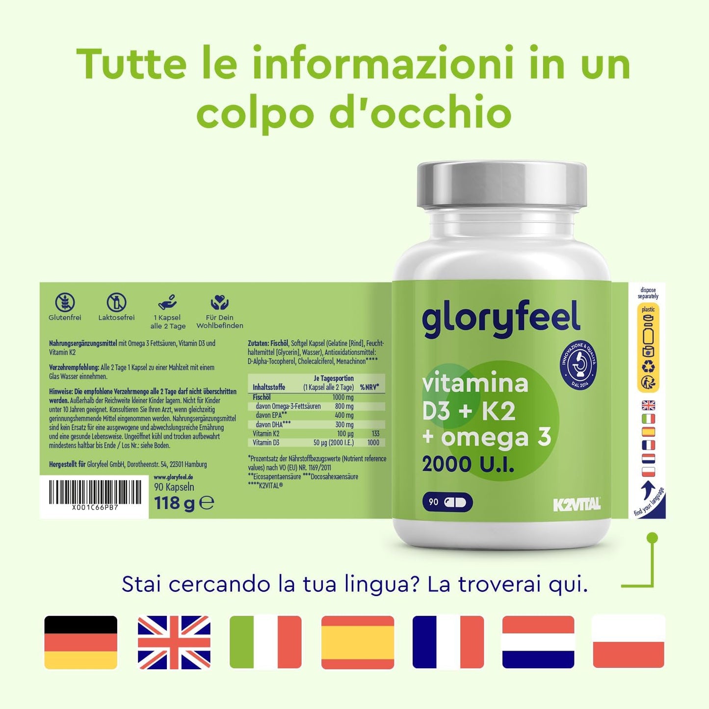 Vitamina D3 + K2 + Omega 3, 90 Capsule Softgel, 2000UI Vitamina D, 100 µg Vitamina K, 1000mg Olio di Pesce 400mg EPA e 300mg DHA, Vit D3 Colecalciferolo + Vit K2 MK7 99% (K2VITAL® di Kappa) + Fish Oil