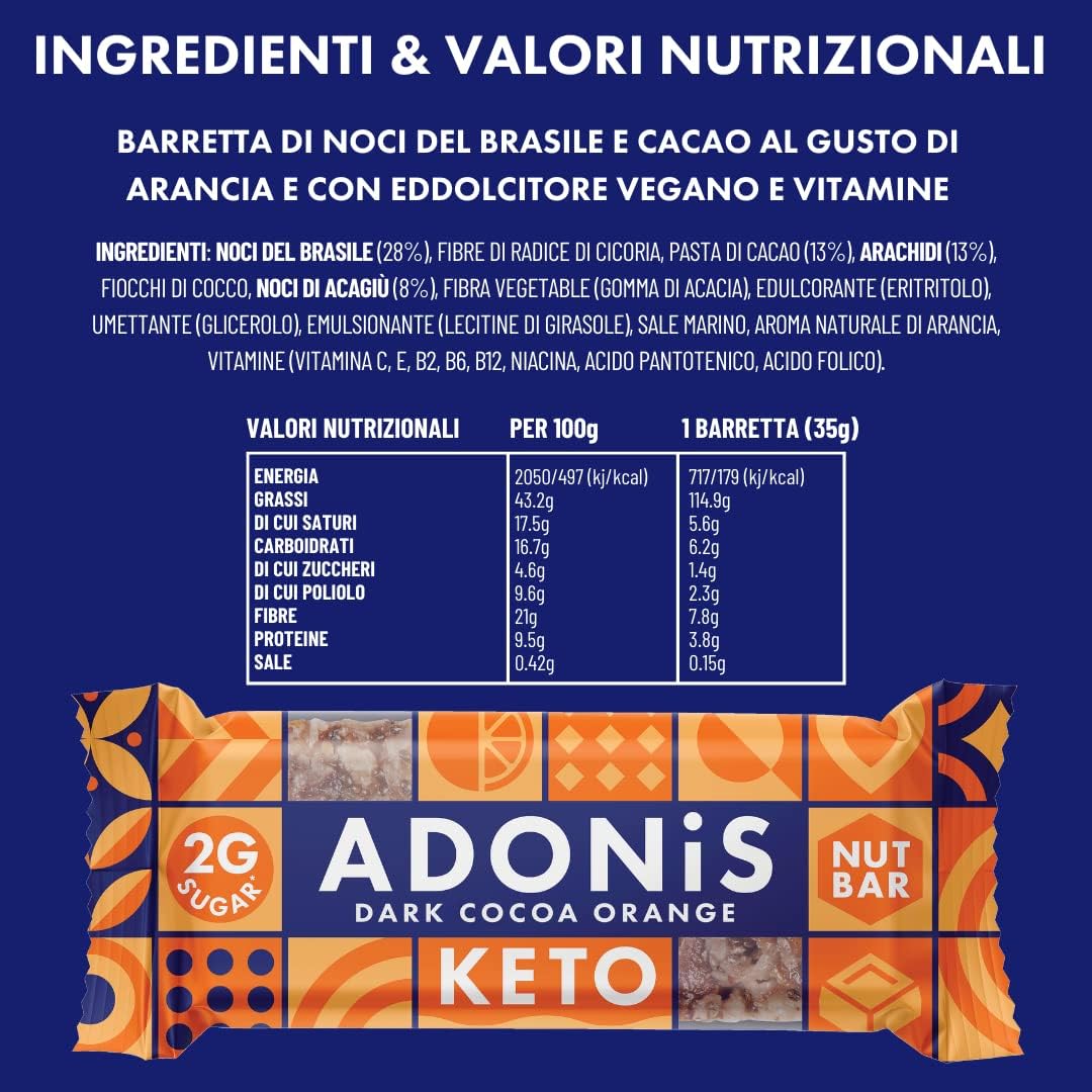 Barrette Keto Adonis Cioccolato e Arancia (16 Barrette x 35g) | Vegan & Keto-freundlich | 100 % natürlich | Glutenfrei, zuckerfrei, palmölfrei, milchfrei | Zuckerarm, kalorienarm und kohlenhydratarm